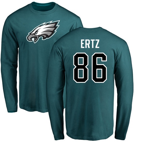 Men Philadelphia Eagles #86 Zach Ertz Green Name and Number Logo Long Sleeve NFL T Shirt->nfl t-shirts->Sports Accessory